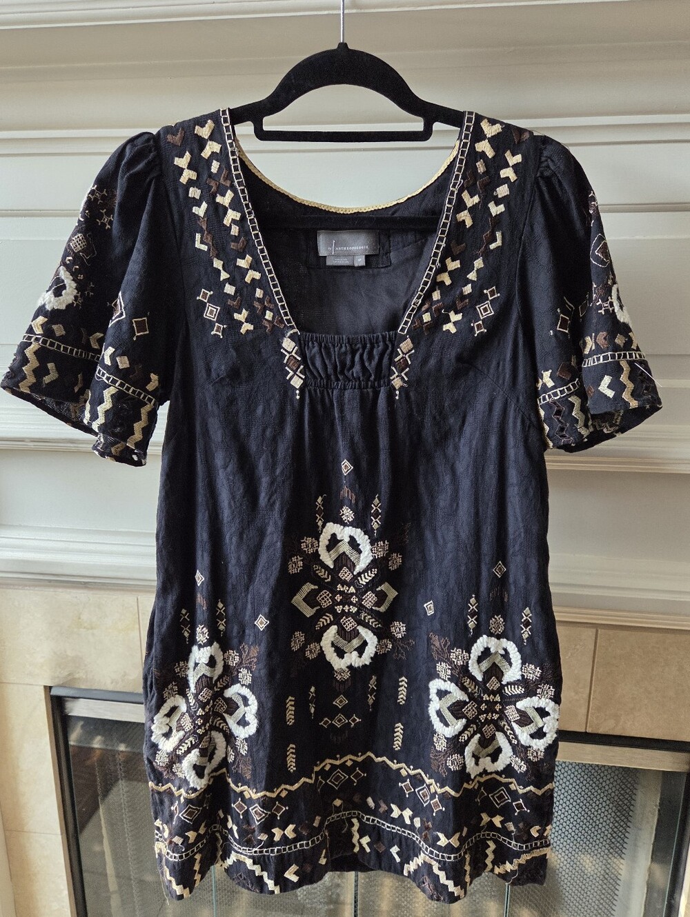 Anthropologie Black Embroidered Tunic Dress Boho Cottagecore Cotton Pockets S